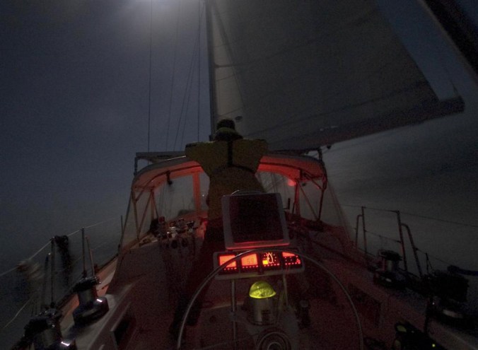 Sailing at night, without a horizon, and only a star to steer her by. Photo: Paul Carson / www.SailValis.com