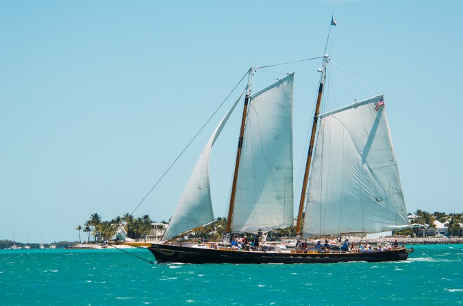 The Schooner America reefed and reaching through Key West Harbor