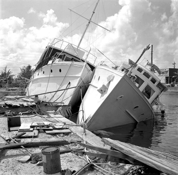 The aftermath of Hurricane Betsy at the Key West Yacht Club, circa 1965